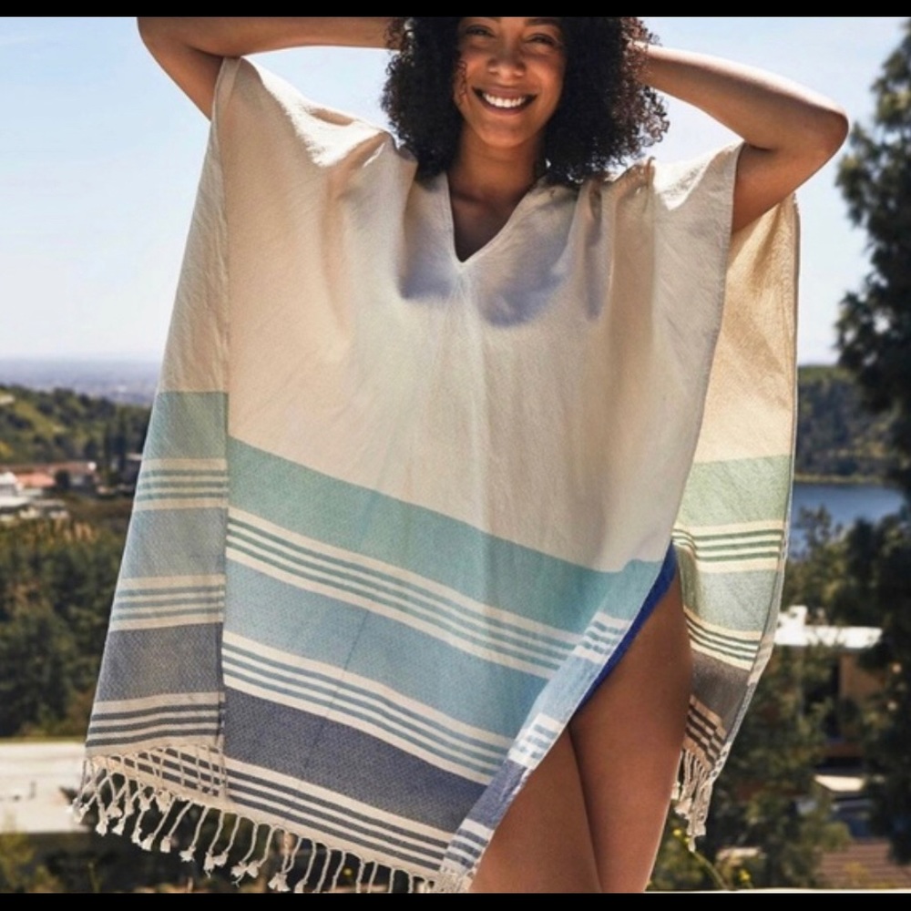 Cream, blue, and aqua poncho